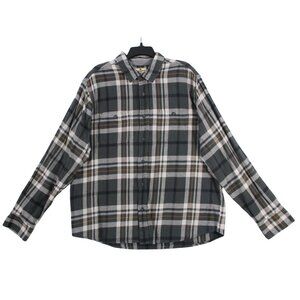 Woolrich Mens XXL Gray & White Plaid Flannel Button-Up Shirt 100% Cotton Made In
